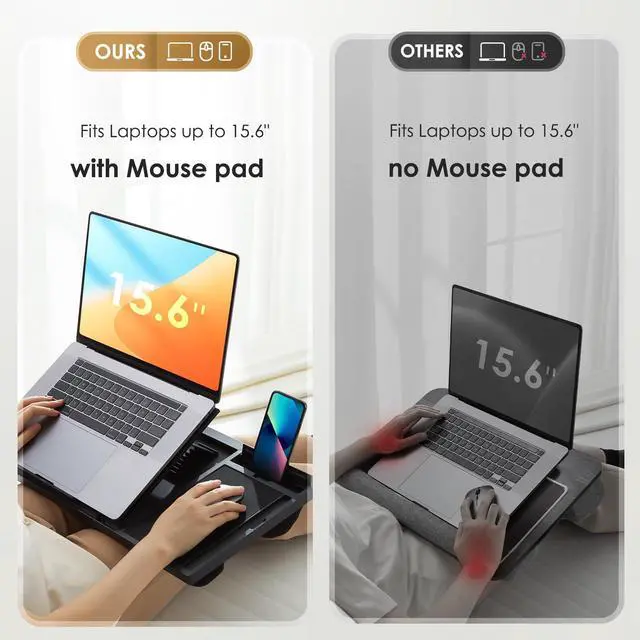 Alt view image 2 of 7 - Laptop Lap Desk with 8 Angles Up to 15.6" Laptop, Black | Built-in mouse pad, phone & pen slots, dual-cushion base, anti-slip design, raises the screen, for home office, bed, sofa