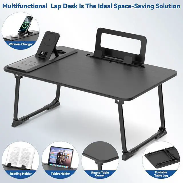 Alt view image 7 of 7 - Lap Desk Bed Table with Wireless Charger - Foldable Large Laptop Tray with Tablet Slot and Book Shelf, No Assembly Table for Couch Chair Floor for Sturdy, Writing, Studying Eating, and WFH