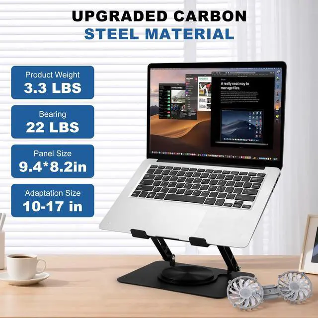 Alt view image 5 of 7 - Laptop Cooling Stand with 2 Detachable Fans, 360° Rotating Adjustable Laptop Stand, Carbon Steel Ergonomic Laptop Riser, Anti-Slip Base for 10-17.3" Notebook MacBook, Office Home Gaming