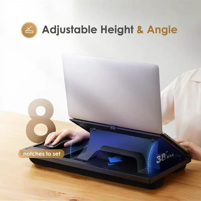 Alt view image 3 of 7 - Laptop Lap Desk with 8 Angles Up to 15.6" Laptop, Black | Built-in mouse pad, phone & pen slots, dual-cushion base, anti-slip design, raises the screen, for home office, bed, sofa