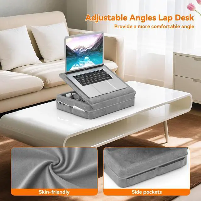 Alt view image 3 of 7 - KDD Laptop Lap Desk with Cushion, Laptop Table with Storage for Bed & Sofa, Adjustable Lap Pillow Stand with Anti-Slip Strip & Cell Phone/Tablet Slot for Home Office College