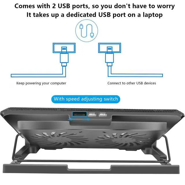 Alt view image 2 of 7 - Laptop Cooling Pad, Cooler Pad Chill Mat 2 Quiet Fans LED Lights and 2 USB Ports 5 Height & with Adjustable Speed Mounts Metal Mesh Design, for 9"-17" Laptops(Black)