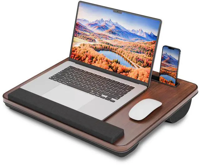 Main image of HETTHI Portable Lap Desk, Laptop Stand for Bed with Soft Wrist Rest, Tablet/Phone Slot, Fabric Handle, Laptop Bed Table with Cushion (Dark Brown)