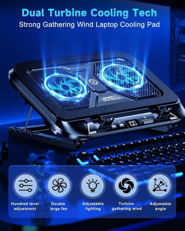 Alt view image 3 of 7 - Laptop Cooling Pad with Dual Core Cooler, Gaming Laptop Cooler with 5.5in 2 Powerful Turbofan(9500 RPM), Fast Cooling Laptop 12-21in, 5 Height Stands, 100 Gear Speed, LCD Screen, RGB, Phone Holder
