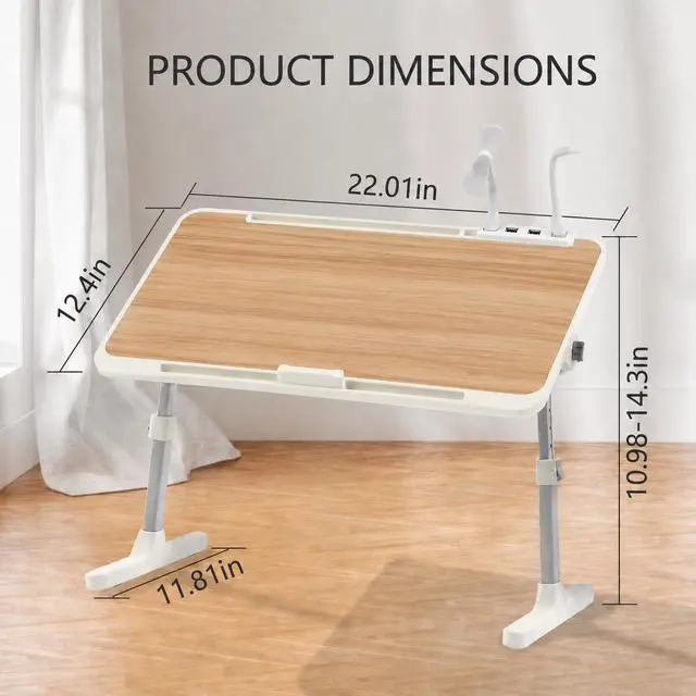 Alt view image 2 of 7 - Laptop Desk for Bed, Height & Angle Adjustable Lap Desk with USB Cooling Fan, LED Light and USB Ports, Foldable Portable Laptop Table for Couch, Sofa, Floor, Reading, Writing (Walnut)