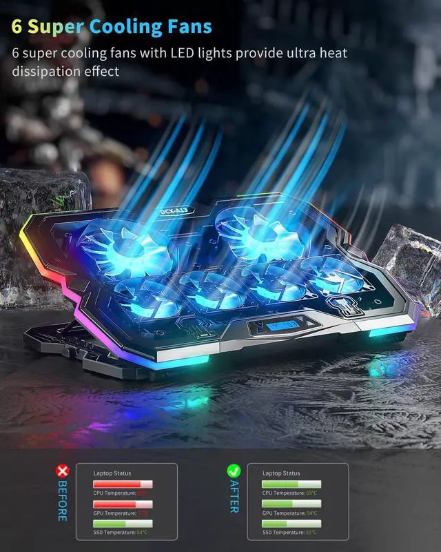 Alt view image 2 of 7 - KeiBn Upgrade Laptop Cooling Pad A13,RGB Lights Laptop Cooler 6 Fans for up to 15.6 Inch Laptops,10 Modes Light, 7 Height Stands, 2 USB Ports - Blue