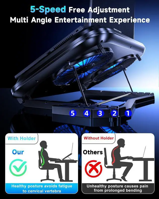 Alt view image 4 of 7 - Laptop Cooling Pad with Dual Core Cooler, Gaming Laptop Cooler with 5.5in 2 Powerful Turbofan(9500 RPM), Fast Cooling Laptop 12-21in, 5 Height Stands, 100 Gear Speed, LCD Screen, RGB, Phone Holder