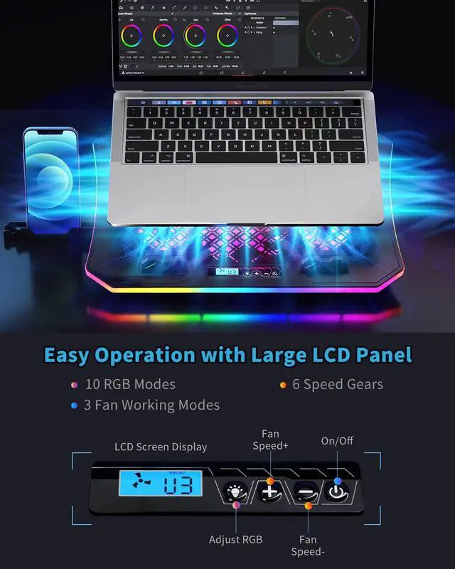 Alt view image 3 of 6 - Laptop Cooling Pad, KeiBn RGB Laptop Cooler for 15.6-17.3 Inch Laptops, with 10 Modes Lights | 6 Fans | 7 Height Stands | 2 USB Ports | Desk or Lap Use (A8/Purple)