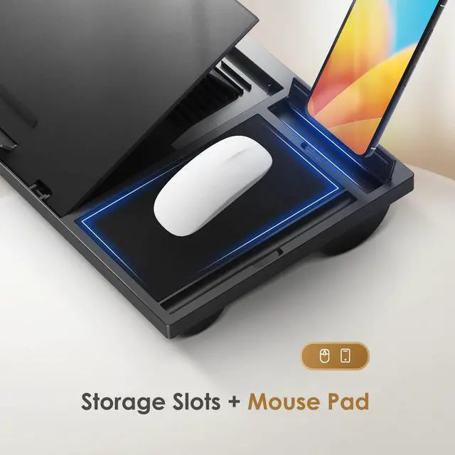 Alt view image 5 of 7 - Laptop Lap Desk with 8 Angles Up to 15.6" Laptop, Black | Built-in mouse pad, phone & pen slots, dual-cushion base, anti-slip design, raises the screen, for home office, bed, sofa