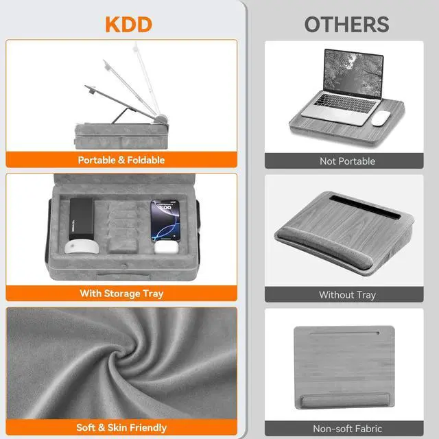 Alt view image 5 of 7 - KDD Laptop Lap Desk with Cushion, Laptop Table with Storage for Bed & Sofa, Adjustable Lap Pillow Stand with Anti-Slip Strip & Cell Phone/Tablet Slot for Home Office College