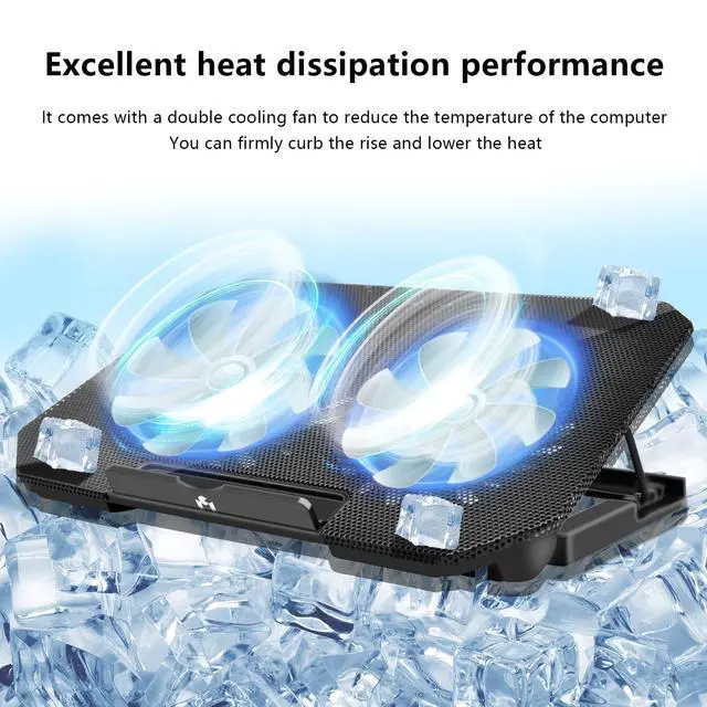 Alt view image 4 of 7 - Laptop Cooling Pad, Cooler Pad Chill Mat 2 Quiet Fans LED Lights and 2 USB Ports 5 Height & with Adjustable Speed Mounts Metal Mesh Design, for 9"-17" Laptops(Black)