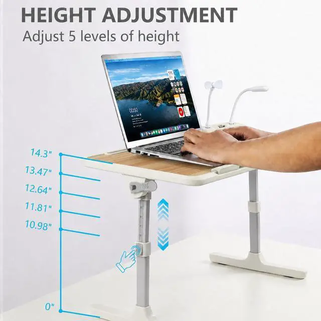 Alt view image 3 of 7 - Laptop Desk for Bed, Height & Angle Adjustable Lap Desk with USB Cooling Fan, LED Light and USB Ports, Foldable Portable Laptop Table for Couch, Sofa, Floor, Reading, Writing (Walnut)