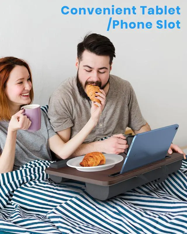 Alt view image 3 of 7 - HETTHI Portable Lap Desk, Laptop Stand for Bed with Soft Wrist Rest, Tablet/Phone Slot, Fabric Handle, Laptop Bed Table with Cushion (Dark Brown)
