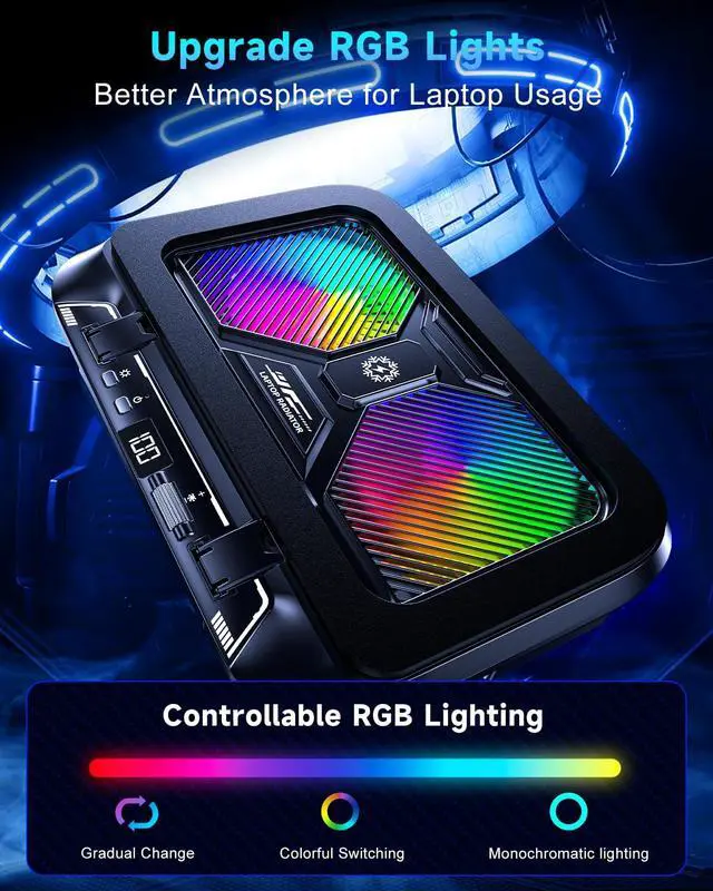 Alt view image 5 of 7 - Laptop Cooling Pad with Dual Core Cooler, Gaming Laptop Cooler with 5.5in 2 Powerful Turbofan(9500 RPM), Fast Cooling Laptop 12-21in, 5 Height Stands, 100 Gear Speed, LCD Screen, RGB, Phone Holder