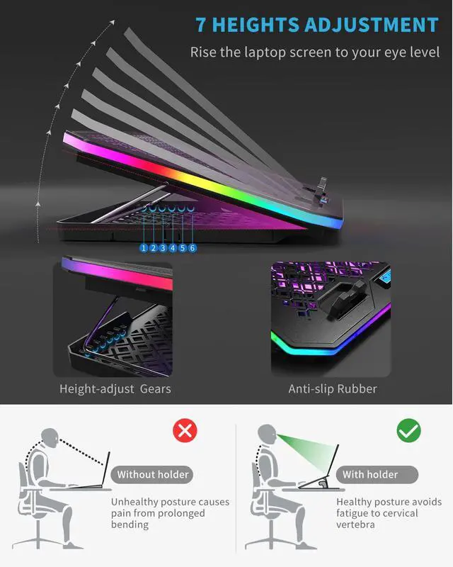 Alt view image 4 of 6 - Laptop Cooling Pad, KeiBn RGB Laptop Cooler for 15.6-17.3 Inch Laptops, with 10 Modes Lights | 6 Fans | 7 Height Stands | 2 USB Ports | Desk or Lap Use (A8/Purple)