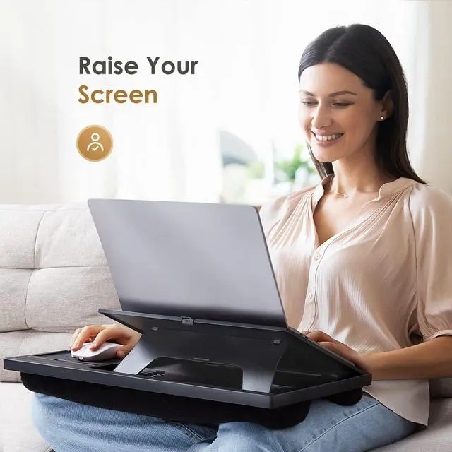 Alt view image 6 of 7 - Laptop Lap Desk with 8 Angles Up to 15.6" Laptop, Black | Built-in mouse pad, phone & pen slots, dual-cushion base, anti-slip design, raises the screen, for home office, bed, sofa