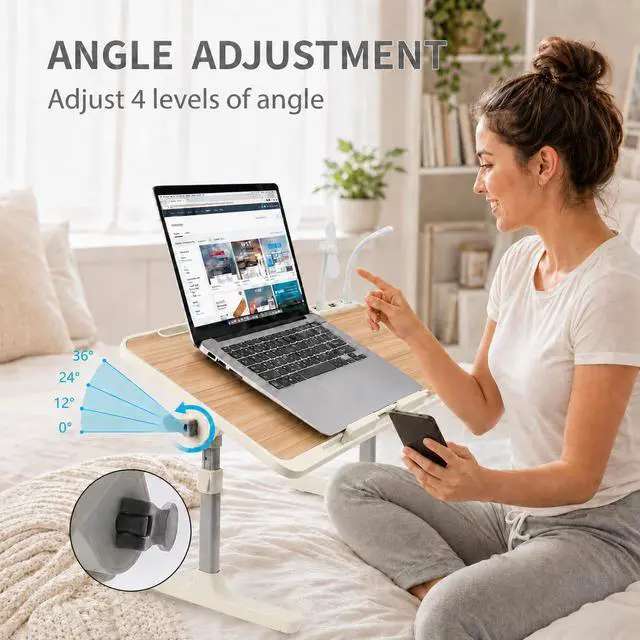 Alt view image 4 of 7 - Laptop Desk for Bed, Height & Angle Adjustable Lap Desk with USB Cooling Fan, LED Light and USB Ports, Foldable Portable Laptop Table for Couch, Sofa, Floor, Reading, Writing (Walnut)