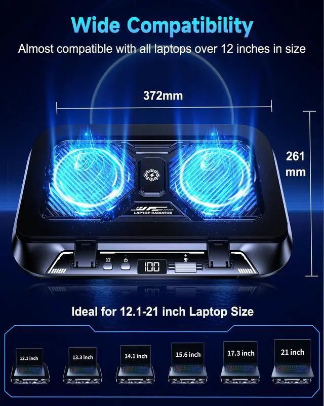 Alt view image 6 of 7 - Laptop Cooling Pad with Dual Core Cooler, Gaming Laptop Cooler with 5.5in 2 Powerful Turbofan(9500 RPM), Fast Cooling Laptop 12-21in, 5 Height Stands, 100 Gear Speed, LCD Screen, RGB, Phone Holder