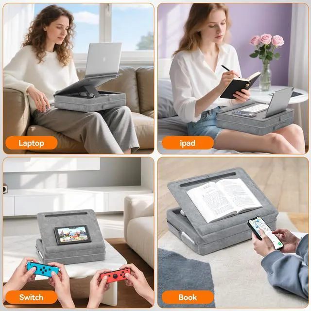 Alt view image 6 of 7 - KDD Laptop Lap Desk with Cushion, Laptop Table with Storage for Bed & Sofa, Adjustable Lap Pillow Stand with Anti-Slip Strip & Cell Phone/Tablet Slot for Home Office College