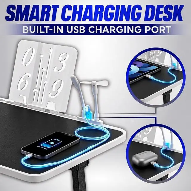 Alt view image 2 of 7 - USB-C LED Light Foldable Lap Desk with LED Lamp, Cooling Fan & Book Stand Portable Bed Laptop Table with Side Drawer, Phone & Tablet Holder, Fast Charging Port