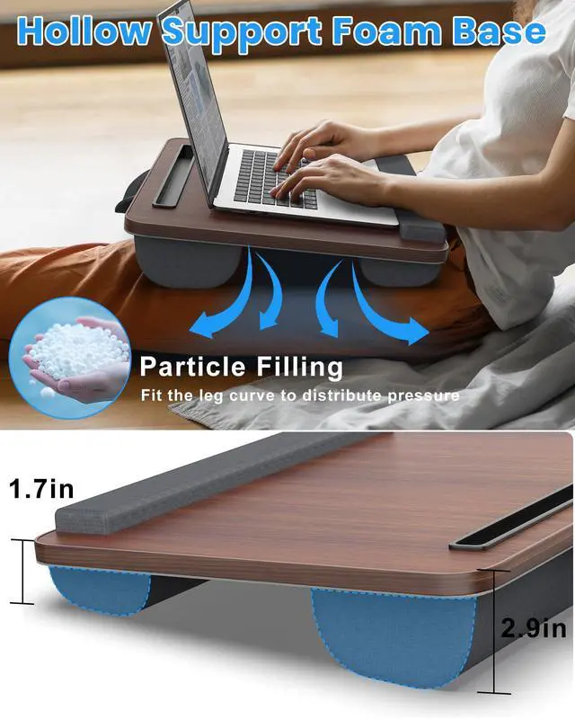 Alt view image 4 of 7 - HETTHI Portable Lap Desk, Laptop Stand for Bed with Soft Wrist Rest, Tablet/Phone Slot, Fabric Handle, Laptop Bed Table with Cushion (Dark Brown)
