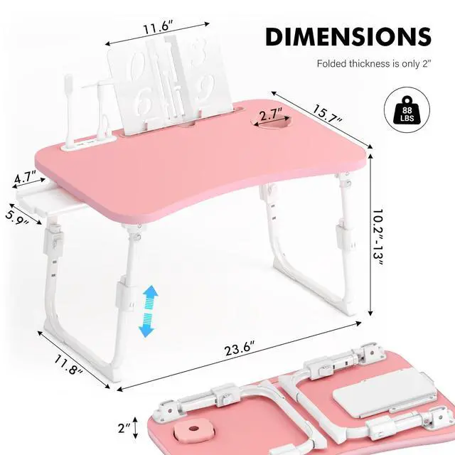 Alt view image 3 of 7 - Lap Desk for Bed Adjustable Height, Foldable Bed Table with Storage Drawer, Tablet Slot & Cup Holder, Portable Laptop Stand for Bed & Sofa, Bed Desk for Adults & Kids, Pink