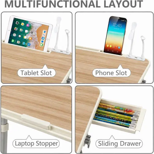 Alt view image 5 of 7 - Laptop Desk for Bed, Height & Angle Adjustable Lap Desk with USB Cooling Fan, LED Light and USB Ports, Foldable Portable Laptop Table for Couch, Sofa, Floor, Reading, Writing (Walnut)