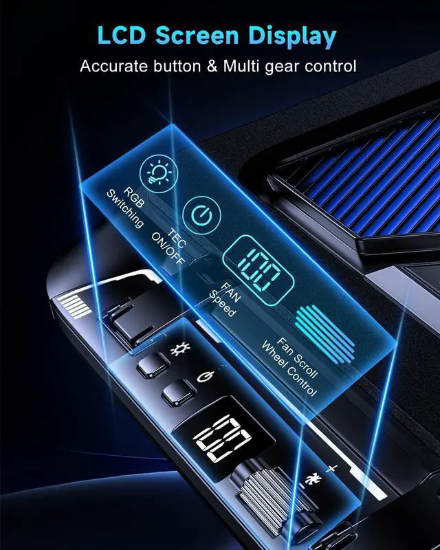 Alt view image 7 of 7 - Laptop Cooling Pad with Dual Core Cooler, Gaming Laptop Cooler with 5.5in 2 Powerful Turbofan(9500 RPM), Fast Cooling Laptop 12-21in, 5 Height Stands, 100 Gear Speed, LCD Screen, RGB, Phone Holder