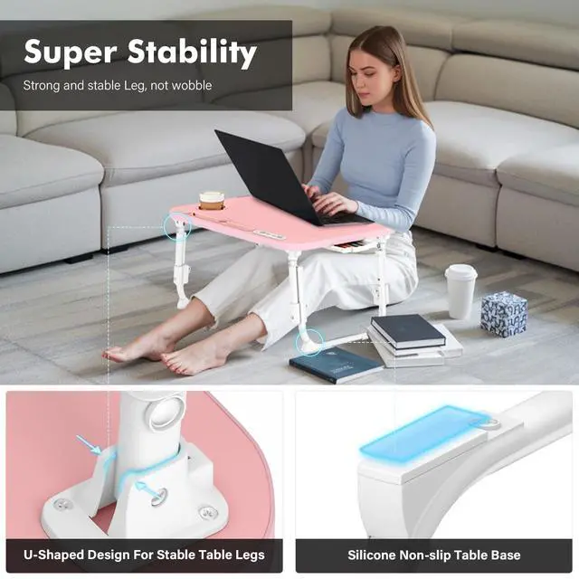 Alt view image 4 of 7 - Lap Desk for Bed Adjustable Height, Foldable Bed Table with Storage Drawer, Tablet Slot & Cup Holder, Portable Laptop Stand for Bed & Sofa, Bed Desk for Adults & Kids, Pink