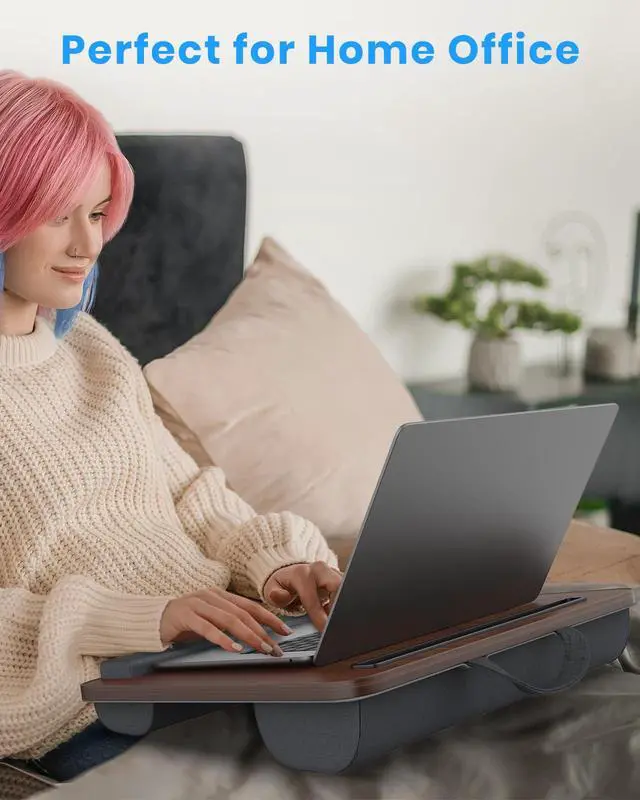 Alt view image 5 of 7 - HETTHI Portable Lap Desk, Laptop Stand for Bed with Soft Wrist Rest, Tablet/Phone Slot, Fabric Handle, Laptop Bed Table with Cushion (Dark Brown)