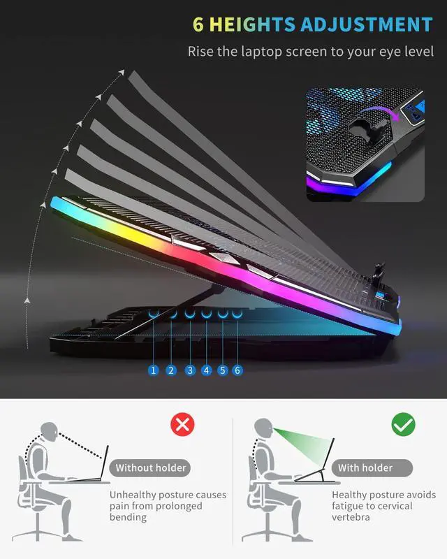 Alt view image 5 of 7 - KeiBn Upgrade Laptop Cooling Pad A13,RGB Lights Laptop Cooler 6 Fans for up to 15.6 Inch Laptops,10 Modes Light, 7 Height Stands, 2 USB Ports - Blue