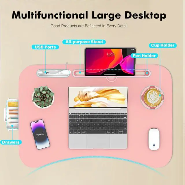 Alt view image 5 of 7 - Lap Desk for Bed Adjustable Height, Foldable Bed Table with Storage Drawer, Tablet Slot & Cup Holder, Portable Laptop Stand for Bed & Sofa, Bed Desk for Adults & Kids, Pink