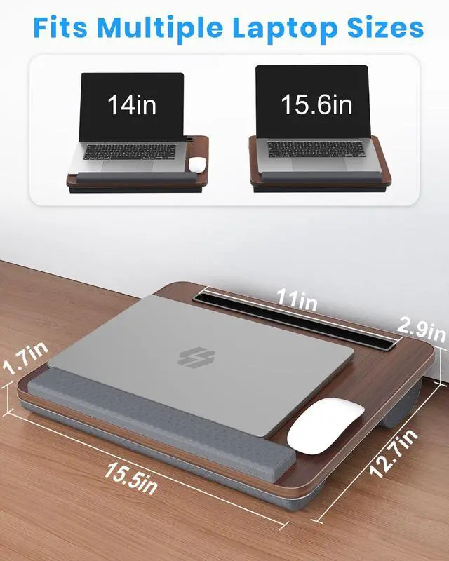 Alt view image 6 of 7 - HETTHI Portable Lap Desk, Laptop Stand for Bed with Soft Wrist Rest, Tablet/Phone Slot, Fabric Handle, Laptop Bed Table with Cushion (Dark Brown)