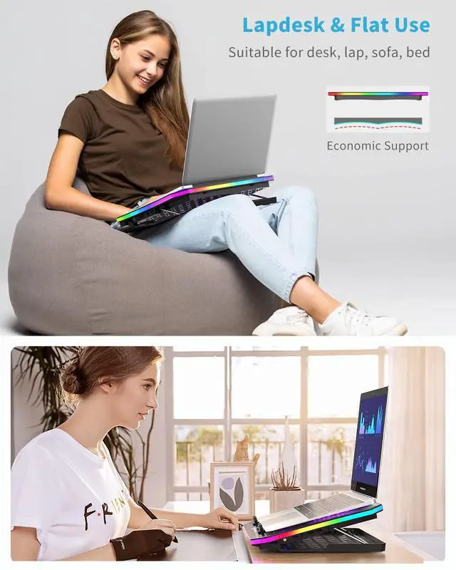 Alt view image 6 of 6 - Laptop Cooling Pad, KeiBn RGB Laptop Cooler for 15.6-17.3 Inch Laptops, with 10 Modes Lights | 6 Fans | 7 Height Stands | 2 USB Ports | Desk or Lap Use (A8/Purple)
