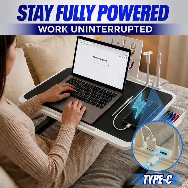 Alt view image 3 of 7 - USB-C LED Light Foldable Lap Desk with LED Lamp, Cooling Fan & Book Stand Portable Bed Laptop Table with Side Drawer, Phone & Tablet Holder, Fast Charging Port