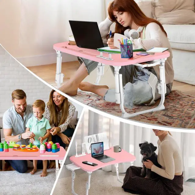Alt view image 6 of 7 - Lap Desk for Bed Adjustable Height, Foldable Bed Table with Storage Drawer, Tablet Slot & Cup Holder, Portable Laptop Stand for Bed & Sofa, Bed Desk for Adults & Kids, Pink