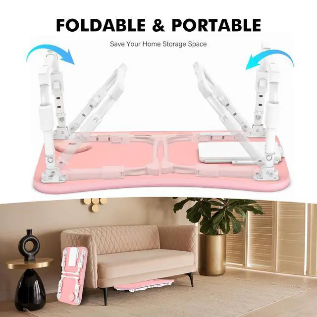 Alt view image 7 of 7 - Lap Desk for Bed Adjustable Height, Foldable Bed Table with Storage Drawer, Tablet Slot & Cup Holder, Portable Laptop Stand for Bed & Sofa, Bed Desk for Adults & Kids, Pink