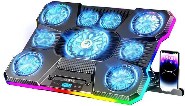 Main image of ChillCore Laptop Cooling Pad, RGB Lights Laptop Cooler 9 Fans for 15.6-19.3 Inch Laptops, Gaming Laptop Fan Cooling Pad with 8 Height Stands, 2 USB Ports - A21 Blue
