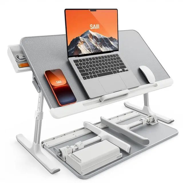 Main image of SAIJI Laptop Bed Tray Table - Adjustable Lap Desk for Couch (Gray) | Fits 17" Laptop, Work From Home & Dorm Study, with Storage Drawer & PVC Leather