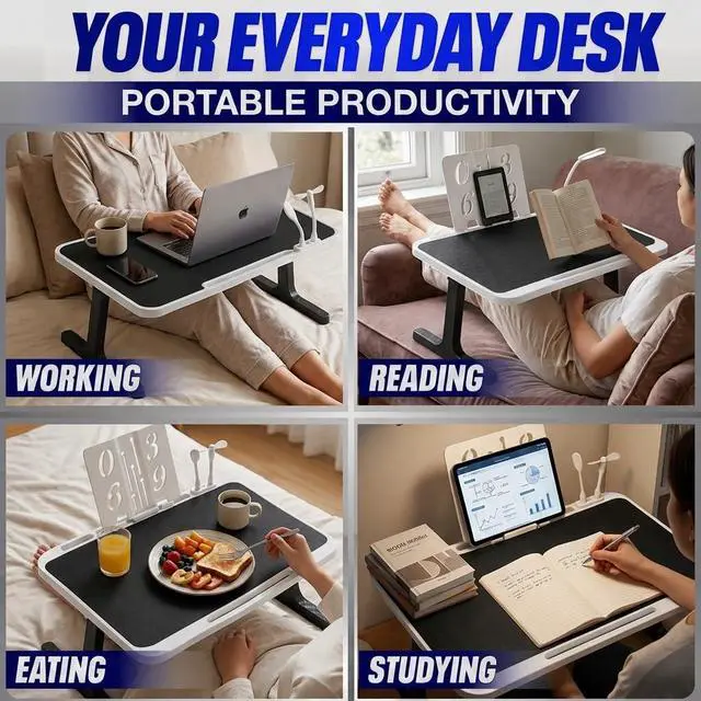 Alt view image 4 of 7 - USB-C LED Light Foldable Lap Desk with LED Lamp, Cooling Fan & Book Stand Portable Bed Laptop Table with Side Drawer, Phone & Tablet Holder, Fast Charging Port