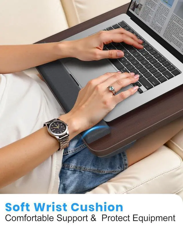 Alt view image 7 of 7 - HETTHI Portable Lap Desk, Laptop Stand for Bed with Soft Wrist Rest, Tablet/Phone Slot, Fabric Handle, Laptop Bed Table with Cushion (Dark Brown)