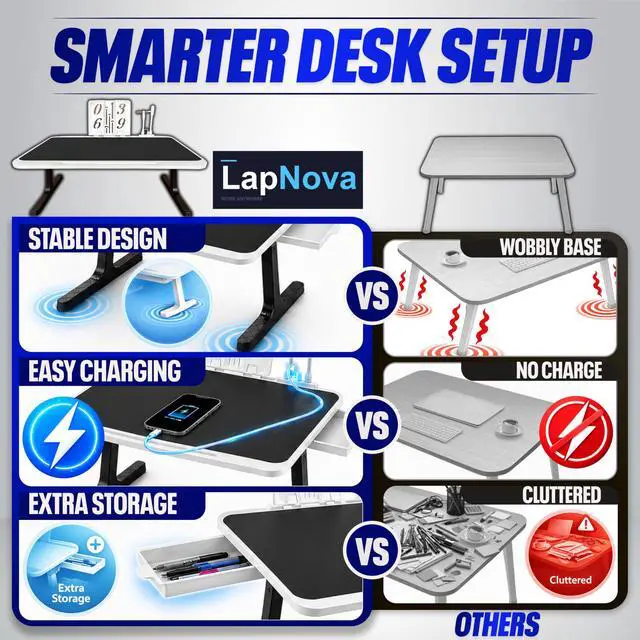 Alt view image 5 of 7 - USB-C LED Light Foldable Lap Desk with LED Lamp, Cooling Fan & Book Stand Portable Bed Laptop Table with Side Drawer, Phone & Tablet Holder, Fast Charging Port