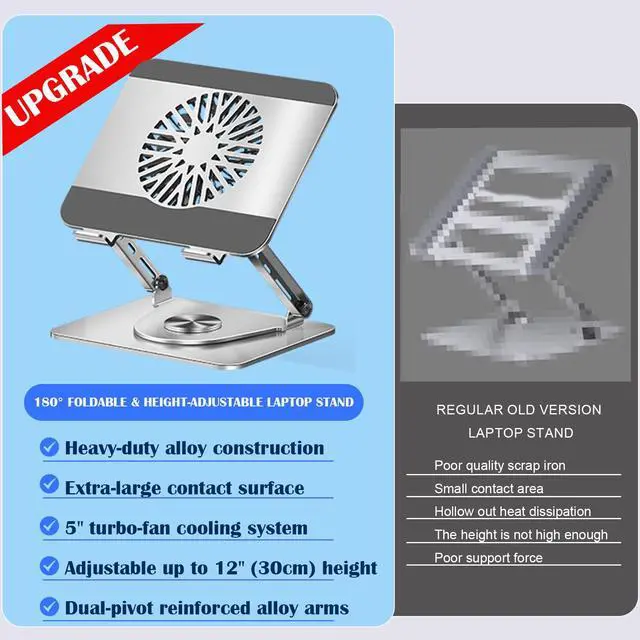 Alt view image 5 of 7 - 360° Rotating Adjustable Laptop Stand with Cooling Fan, Foldable Dual-Bar Support Height Tilt Angle Cooling Laptop Stand for Desk Pad Laptop Riser Heat Dissipation Stand Fit 10-17.3" Device