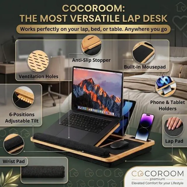 Alt view image 2 of 6 - Lap Desk for Adults, Vented 6-Angle Laptop Bed Tray Table, Black | Cushion pillow base | Phone & tablet holder | Foldable portable couch & sofa stand | Writing, reading, study, drawing, 17in