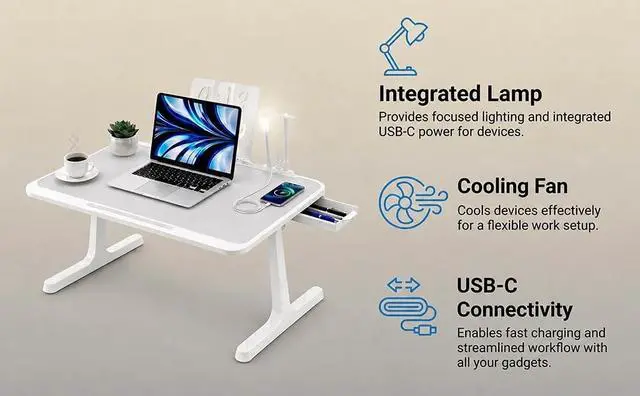 Alt view image 7 of 7 - USB-C LED Light Foldable Lap Desk with LED Lamp, Cooling Fan & Book Stand Portable Bed Laptop Table with Side Drawer, Phone & Tablet Holder, Fast Charging Port