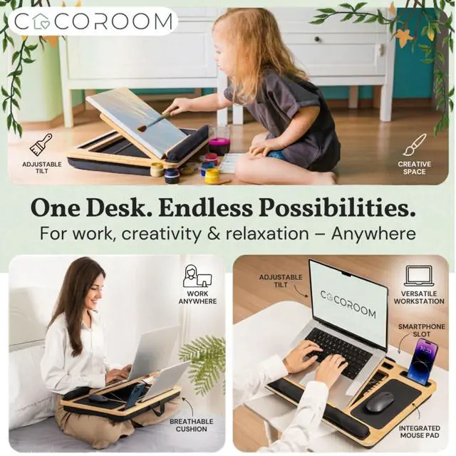 Alt view image 3 of 6 - Lap Desk for Adults, Vented 6-Angle Laptop Bed Tray Table, Black | Cushion pillow base | Phone & tablet holder | Foldable portable couch & sofa stand | Writing, reading, study, drawing, 17in