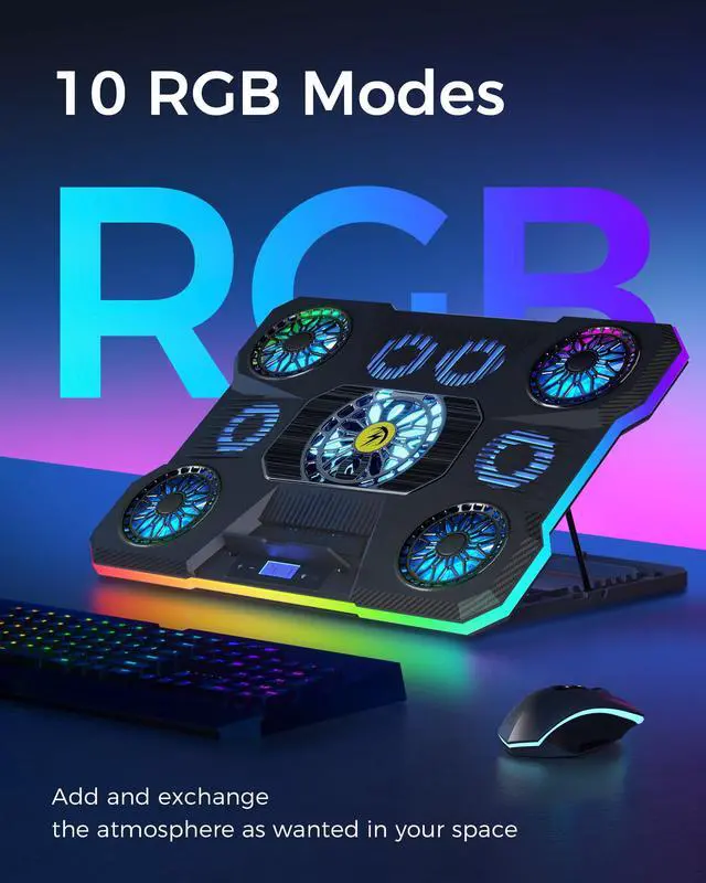 Alt view image 5 of 7 - ChillCore Laptop Cooling Pad, RGB Lights Laptop Cooler 9 Fans for 15.6-19.3 Inch Laptops, Gaming Laptop Fan Cooling Pad with 8 Height Stands, 2 USB Ports - A21 Blue