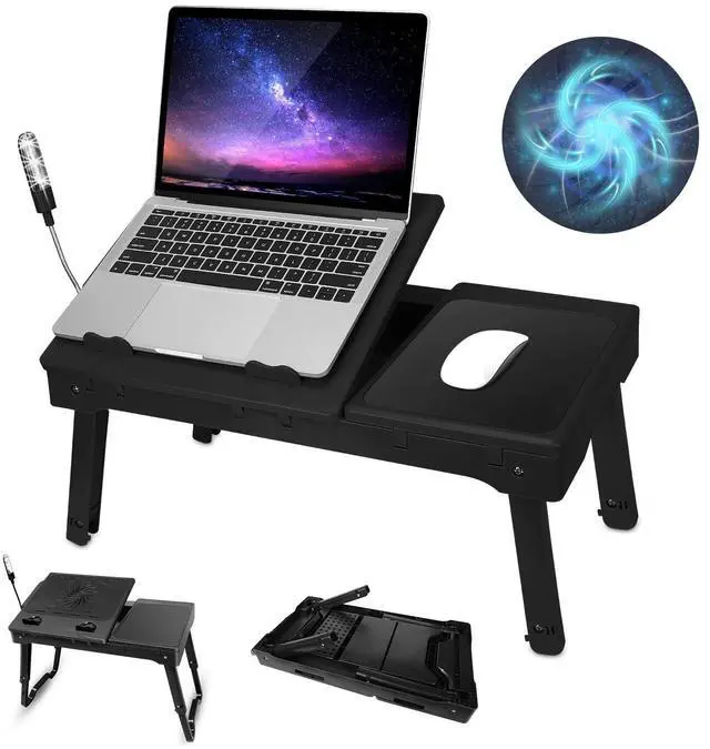 Main image of Foldable Laptop Table with Cooling Fan, LED Light, 4 x USB Ports, Mouse Pad & Storage Groove for Laptop Use in Home Office