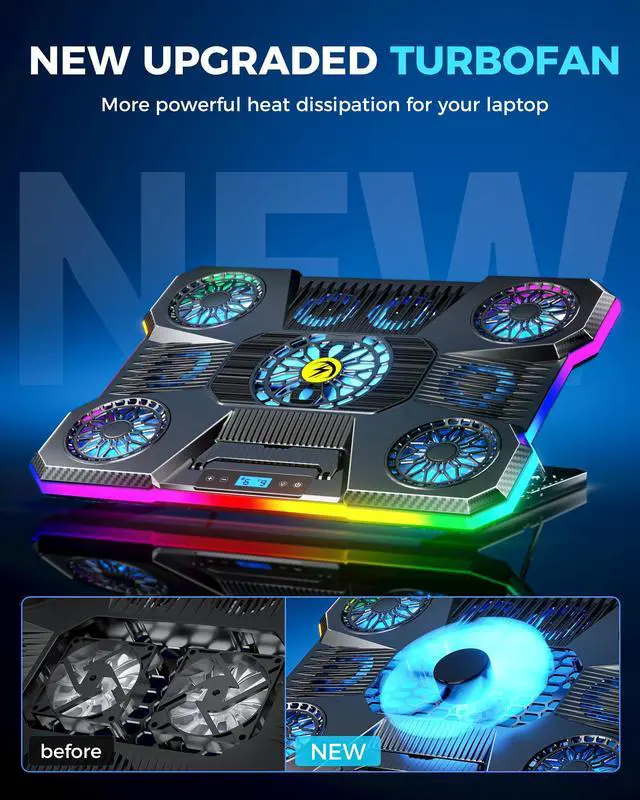 Alt view image 6 of 7 - ChillCore Laptop Cooling Pad, RGB Lights Laptop Cooler 9 Fans for 15.6-19.3 Inch Laptops, Gaming Laptop Fan Cooling Pad with 8 Height Stands, 2 USB Ports - A21 Blue