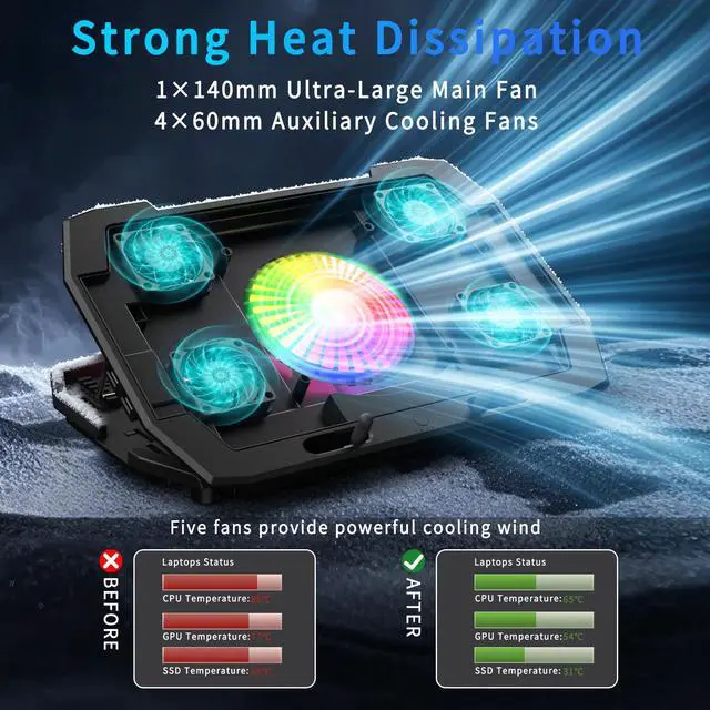 Alt view image 2 of 7 - LP-2 Laptop Cooling Pad & Phone Holder, Dual-Mode Ergonomic Laptop Cooling Stand with 7 Adjustable Heights, 5 RGB High-Performance Quiet Laptop Fans, 2 USB Ports & 3 Speeds Laptop Cooler for 1521Inch
